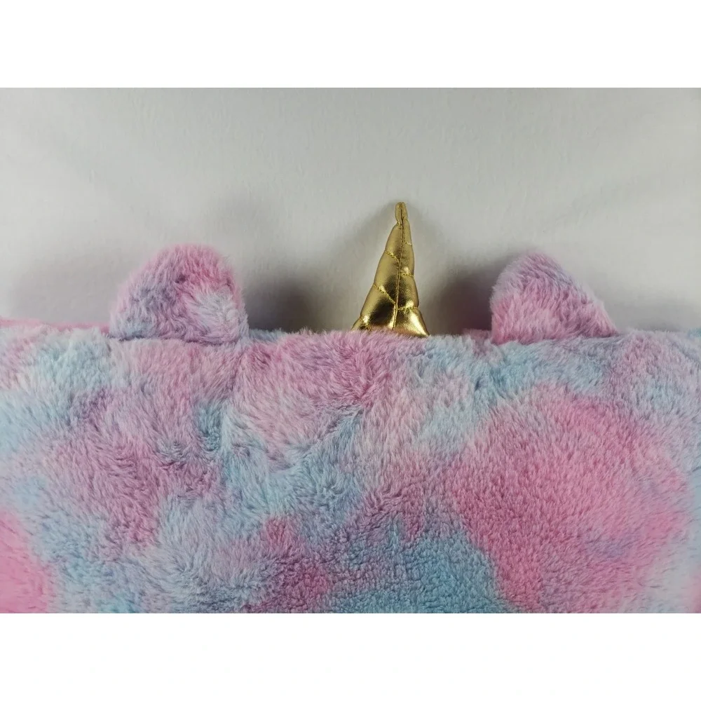 Unicorn Kids Bed Pillow Pink Blue Purple Tie Dye Fuzzy Plush Gold Horn NWT
